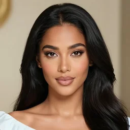 a beautiful woman with long black hair, brown eyes, tanned skin as a disney princess