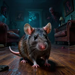 cinematic colorful horror artwork by artgerm, beksinski, mark brooks ; real life close up portrait of ugly furry mouse at living room floor ; wide angle room view ; night dimlit ominous scary, 8 k hdr, creepy intricate ; volumetric dramatic lighting, insanely detailed, haunting