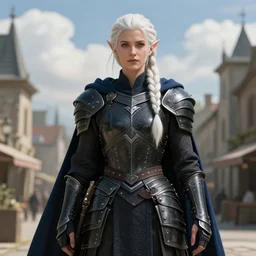 half - body, beautiful male drow, loose white braid, super detailed, light black armor with silver accenting, dark blue cape, 8 k, filmic, octane render, sunlight, town center background, clouds, artstation, greg rutkowski, rossdraws, william bouguereau, sharp focus