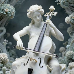an idealistic marble statue, with clear porcelain skin and blue eyes, playing a cello made of marble, fractal flowery hair and slender hands, in a fractal garden, unreal engine, 8 k render, beautiful, full frame,