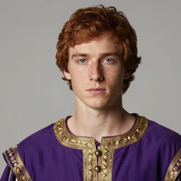 A regal close-up, studio photographic portrait of a young man with auburn hair and freckles wearing a purple gilded medieval byzantine tunic, neutral flat lighting, overcast, hard focus, shot on a Sigma 135mm camera, featured in life magazine