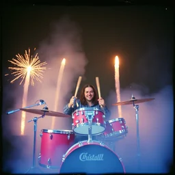 kodak portra 4 0 0, wetplate, muted colours, blueberry, drum set, christalized, 1 9 1 0 s style, motion blur, portrait photo of a backdrop, explosions, rockets, bombs, sparkling, glitter, snow, fog, by georges melies and by britt marling