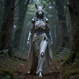 draped werewolf priestess with delicate biomechanical components wandering in the woods. safe for work, complementary colors, professional photography, matte painting, 3 d render, 4 k, rimlight.
