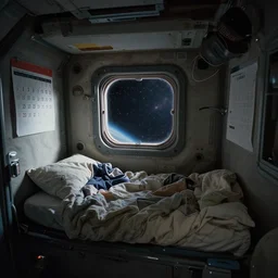 interior view of a space pod bed, small window to see space, tight space, claustrophobic, messy blankets and calendar on wall, tight angle, dim lighting, muted colors, by greg rutkowski makoto shinkai takashi takeuchi