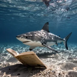 a shark underwater reading a book realistic hdr photoshoot
