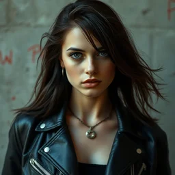 a photograph of a young woman in leather jacket, 9 0 s rebellious punk, cinestill 8 0 0 t, photography by paolo roversi