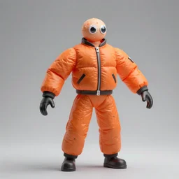 a single lone still slender figurine of a tall giant inflated space man action figure wearing over sized orange puffy bomber jacket, long bendy arms and legs, googly eyes, tareme eyes, small head, personification, dynamic pose, detailed product photo, tone mapped, beautiful composition, 8 5 mm, f 5. 8, soft lighting