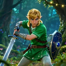 super super super epic cinematic shot of Timothee Chalamet starring as Link from Legend of Zelda, 8k movie scene, elf ears, long blonde blonde hair, green clothes, blue eyes, ++++++ super super super dynamic action posing, super serious facial expression, holding a sword & shield, ocarina of time movie, concept photos, dynamic lighting, dynamic shaders, night time, in the forest, fairy light above him, amazing quality, magical forest