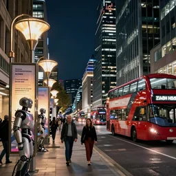street view of futuristic robot  london city at night by cyril rolando and naomi okubo and dan mumford and zaha hadid. robots. advertisements for robots. robotic elegant lamps. robotic double decker bus.