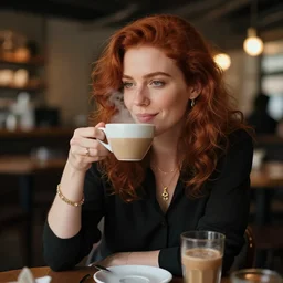 hasselblad photo of redhead woman drinking steamy latte in dimly lit coffee shop, wearing elegant jewellery, relaxed pose, cosy, happy, 8 k, wlop