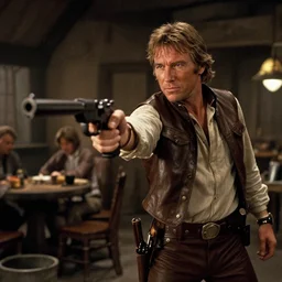 film still of clint eastwood!!! man with no name!! as han solo aiming a gun in new star wars, inside a tavern, 4 k