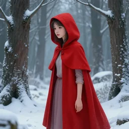 detailed red riding hood lost in a winter forest, fantasy art, trending on artstation, fairytales, art by luis royo and walter crane and kay nielsen, watercolor illustration,
