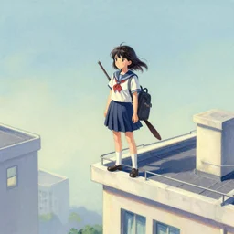gouache of a cute girl wearing school uniform standing on the edge of the roof of a tall building, armed, 8 k wallpaper, high detailed, illustration, morandi color scheme, art station, by krenz cushart