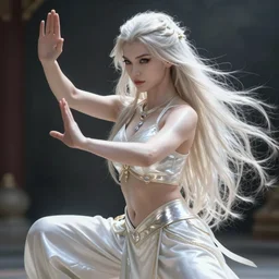 beautiful european warrior lady in a tai chi pose, platinum blonde long hair, shiny white skin, demonic eyes, low fantasy, extremely detailed, sharp focus, smooth, digital illustration, by rossdraws, frank franzzeta, sakimichan