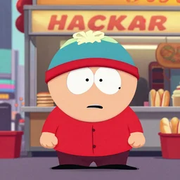 a cartoon still of cartman from south park in times square new york at hot dog stand. accurate face. bright scene. fine detail. this 4 k hd image is trending on artstation, featured on behance, well - rendered, extra crisp and features intricate detail.