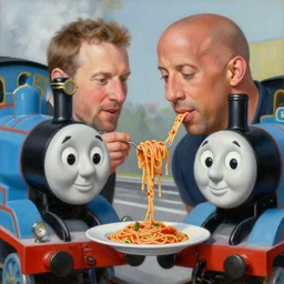 portrait of vin diesel and thomas the tank engine sharing spaghetti, an oil painting by ross tran and thomas kincade