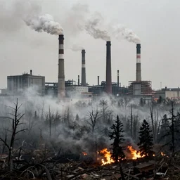 industrial city destroying nature, 1 9 2 0 s spirit portrait photography, tall smoking chimneys, burning trees, cleared dead foggy death fog forest, huge industrial buildings, eerie, dark, by william hope