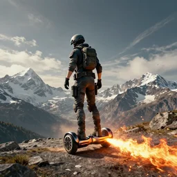 Montagne from Rainbow Six Siege standing on a hoverboard leaving behind a trail of flames and explosions