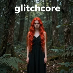 “glitchcore album cover red head singer girl standing in a forest”