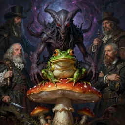 cthulhu demon cosmic horror frog sitting on mushroom, full body, hyper realistic, extremely detailed, dnd character art portrait, dark fantasy art, intricate fantasy painting, dramatic lighting, vivid colors, deviantart, artstation, by edgar maxence and caravaggio and michael whelan and delacroix, lovecraft and greg rutkowski, luis royo and wayne barlowe