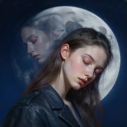 3 d, close - up, sci - fi, sleepy fashion model, moon, night, poster art, high detail, intricate oil painting, multiple exposure, deep blue color palette, hyperrealism, 3 d, by tooth wu and wlop and beeple and greg rutkowski
