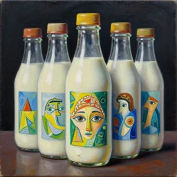 intricate five milk bottle by pablo picasso, oil on canvas, hdr, high detail, photo realistic, hyperrealism, matte finish, high contrast, 3 d depth, centered, masterpiece, vivid and vibrant colors, enhanced light effect, enhanced eye detail, artstationhd