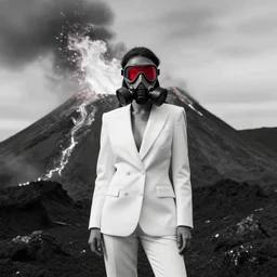 a woman with white suit, she wear red eyed gasmask, in volcano, standing close to volcano, fire raining, professional photography, black and white, cinematic, eerie