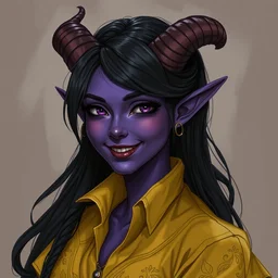 a purple skin woman tiefling with small horns!!, smiling, dark hair, curvy horns, with and yellow shirt and dress, chaste, portrait by rossdraws and daniel docciu and dave dorman