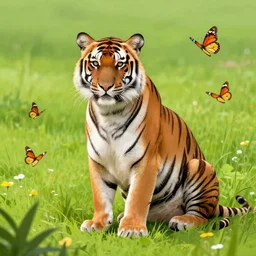 tiger sits on a meadow, surrounded by butterflies, artstation