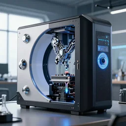a beautiful elegant computer case cybernetic symbiosis hybrid mri 3 d printer machine making a bio chemical lab, shiny knobs, amazing, fantastic, natural light in room, drone camera lens orbs, global illumination, octane render, architectural, by cyberpunk 2 0 7 7, bladerunner 2 0 4 9, f 3 2,