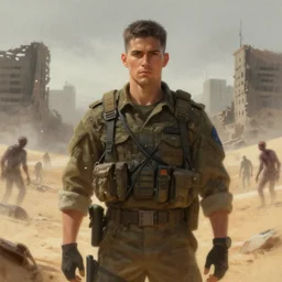 battle hardened charismatic, rigged jayden steward, soldier in a desert, face centered portrait, confident, ruined cityscape, zombies, fog, rain, volumetric lighting, soft light particles floating near her, illustration, perfectly shaded, soft painting, art by krenz cushart and wenjun lin