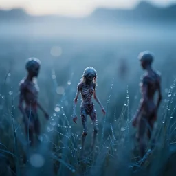 “ a field light blue dew drops, body horror humans shown in reflections, dramatic backlit lighting, incredible quality, macro bokeh ”