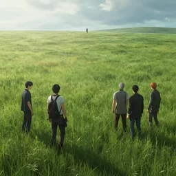 An endless meadow with a giant walking in the far distance by Greg Rutkowski, Sung Choi, Mitchell Mohrhauser, Maciej Kuciara, Johnson Ting, Maxim Verehin, Peter Konig, final fantasy , 8k photorealistic, cinematic lighting, HD, high details, atmospheric,