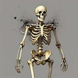 Exploding human skeleton, negative, particles flying outward, in the style of Dave Gibbons