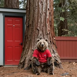 grizzly wearing a red shirt sitting outside big sequoia tree with a red door by Roger Deakins
