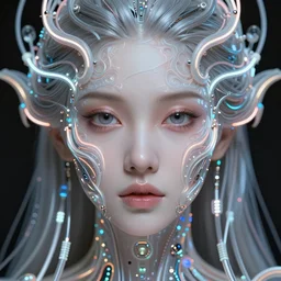 very beautiful woman, big open eyes, full face frontal centered, portrait, detailed intricate symmetrical ornate neon cables connected to head, clear lips, luxurious hair, sophisticated abundent wiring and implants, translucent, porcelain, fractal, sci - fi, dramatic lighting, photography, highly detailed, trending on artstation, deviantart, 8 k, by chie yoshii