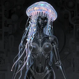 portrait of an absurdly beautiful, graceful, sophisticated, fashionable black cyberpunk mechanoid gravure idol, hyperdetailed illustration by irakli nadar, adut akech, matt wisniewski style, intricate linework, dark black skin, jellyfish headdress, crystal ruff, unreal engine 5 highly rendered, global illumination, iridescent light, detailed and intricate environment