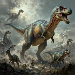 highly - detailed fantasy art by frazetta : : the cataclysmic extinction of the dinosaurs.