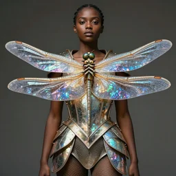 brown woman wearing a dragonfly armor. iridiscent. extremely photorealistic. super detailed. layered. textured. award winning. dispersion of light. refracted lighting. soft. fragile. by ray caesar. by louise dahl - wolfe. by andrea kowch. by tom bagshaw. surreal photoraphy