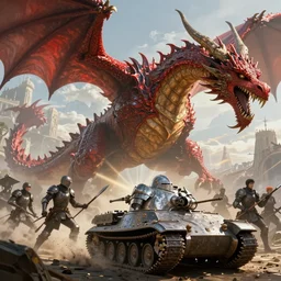 highly detailed portrait of a knight tank fighting a red dragon, raytracing, fantasy art by by simon bisley, loish, rhads, ferdinand knab, makoto shinkai and lois van baarle, ilya kuvshinov, rossdraws, tom bagshaw, global illumination, radiant light, detailed and intricate environment