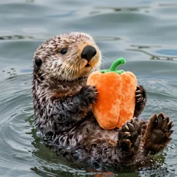 sea otter swinging in the water hugging an orange bell pepper plushie