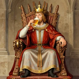 king artur drink a beer. sit on throne.
