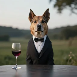 a portait picture of a dog wearing a formal suit near a table with a cup of wine, concept art, octane render, unreal engine 5, 4K, symmetrical, low contrast, serene landscape, calm, relaxing, high quality, highly detailed, high coherence, path tracing, natural light, trending on DeviantArt