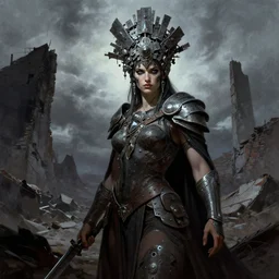 mighty princess of the wasteland, scrap metal headdress, ominous ruins, strong line, deep color, cloudy sky, beautiful! coherent! by brom, by frank frazetta,