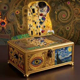 The Helliquary by Karol Bak, Jean Deville, Gustav Klimt, and Vincent Van Gogh, lockbox, otherworldly, fractal structures, arcane, inferno, inscribed runes, reliquary, infernal relics, ornate gilded medieval icon, third eye, spirals
