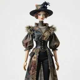 full size tall ball - jointed human doll by hans zatzka, high fashion clothes, beautiful detailed face!, interesting hat, weird unique design, strange clothes, reference sheet, white background