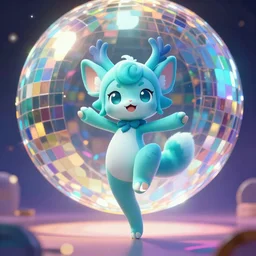 cyan cute spirit axie pet dances under colourful discoball, fantasy, style artstation, style greg rutkowski, octane render, unreal engine 6, epic game graphics, fantasy, conceptual art, ray tracing