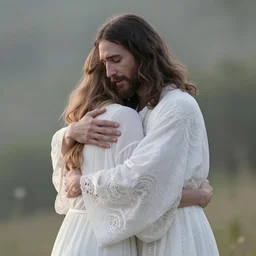 jesus hugging a woman from behind, spirit hugs, in style of paolo roversi, britt marling style 3 / 4, long hair, a beautiful ethereal lace white robe, 8 k, soft focus, soft light, volumetric lighting, highly detailed realistic, refined, highly detailed, natural outdoor soft pastel lighting colors scheme