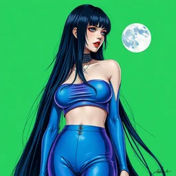 girl, longest black hair, blue latex pants, purple croptop, two moons, acid green background. highly detailed, digital painting, watercolor, realism, engraving, artstation, concept art, smooth, sharp focus, vivid grunge, manga, illustration, unreal engine 5, art by bilibin and kilian eng and kuvshinov and malevich and mucha