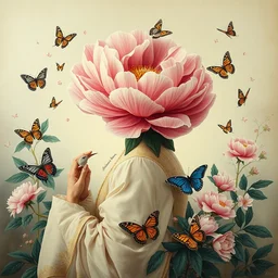 reathtaking detailed concept art painting blend of two goddess of pink peony by hsiao ron cheng, vintage illustration pattern with bizarre compositions blend of flowers and birds and butterflies, by beto val and john james audubon, exquisite detail, extremely moody lighting, 8 k